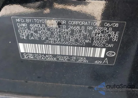 2008 Lexus Es 350 from USA, damaged, VIN JTHBJ46G682262623